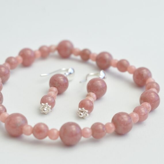 Set de Rodocrosita aros y pulsera con bolitas