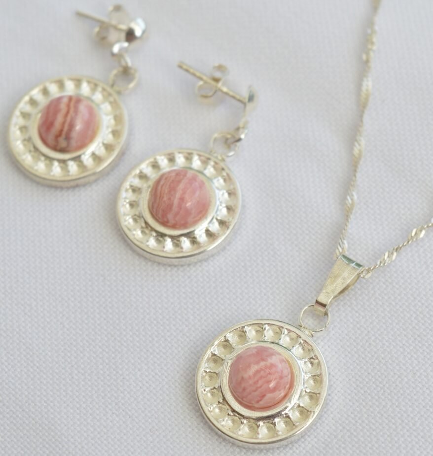 Conjunto de collar y aros de Rodocrosita en plata calidad premiun