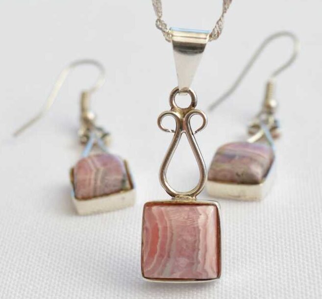 Set de Rodocrosita collar y aros de plata