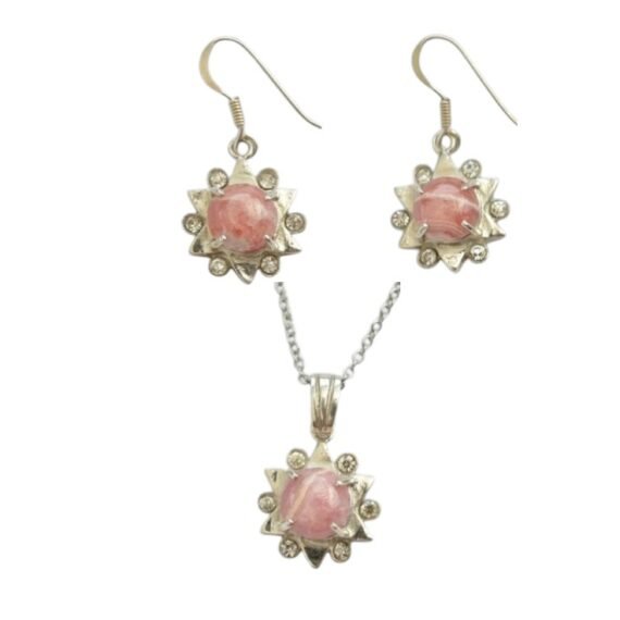 Conjunto de collar y aros de Rodocrosita en plata con detalles de crital calidad Deluxe