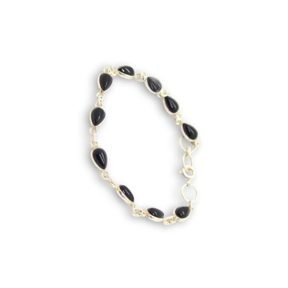 Pulsera de Onix Negro en Cabujones con Hilo de Plata