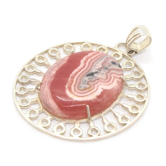 Dije de Rodocrosita Ovalado en Plata Calada con Corazones