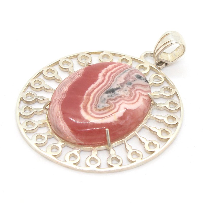 Dije de Rodocrosita Ovalado en Plata Calada con Corazones